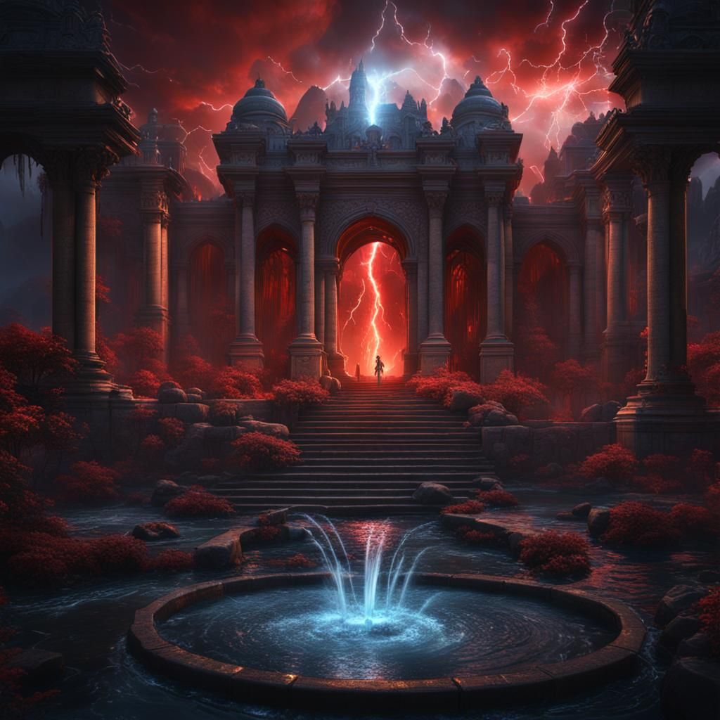 Surreal Blood River Fountain in a Fantasy Landscape