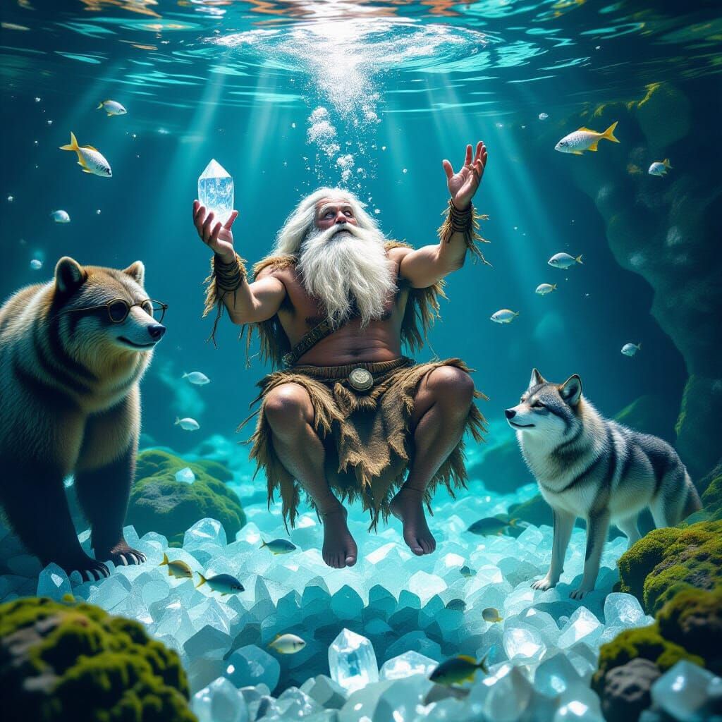 Underwater Caveman Reaching for Crystal in Hyperreal Scene