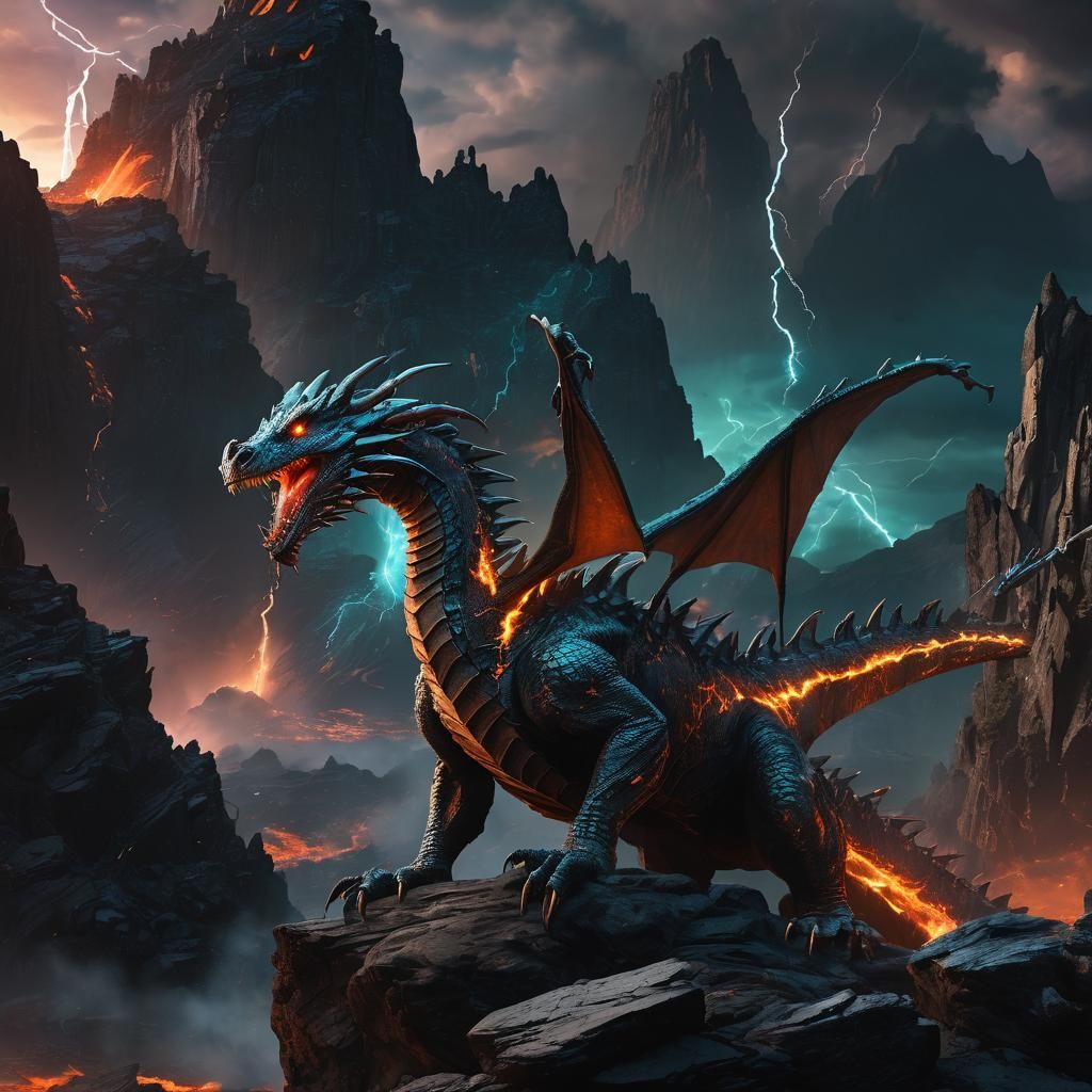 Lava Dragon on Cliff with Lightning: Fantasy Art