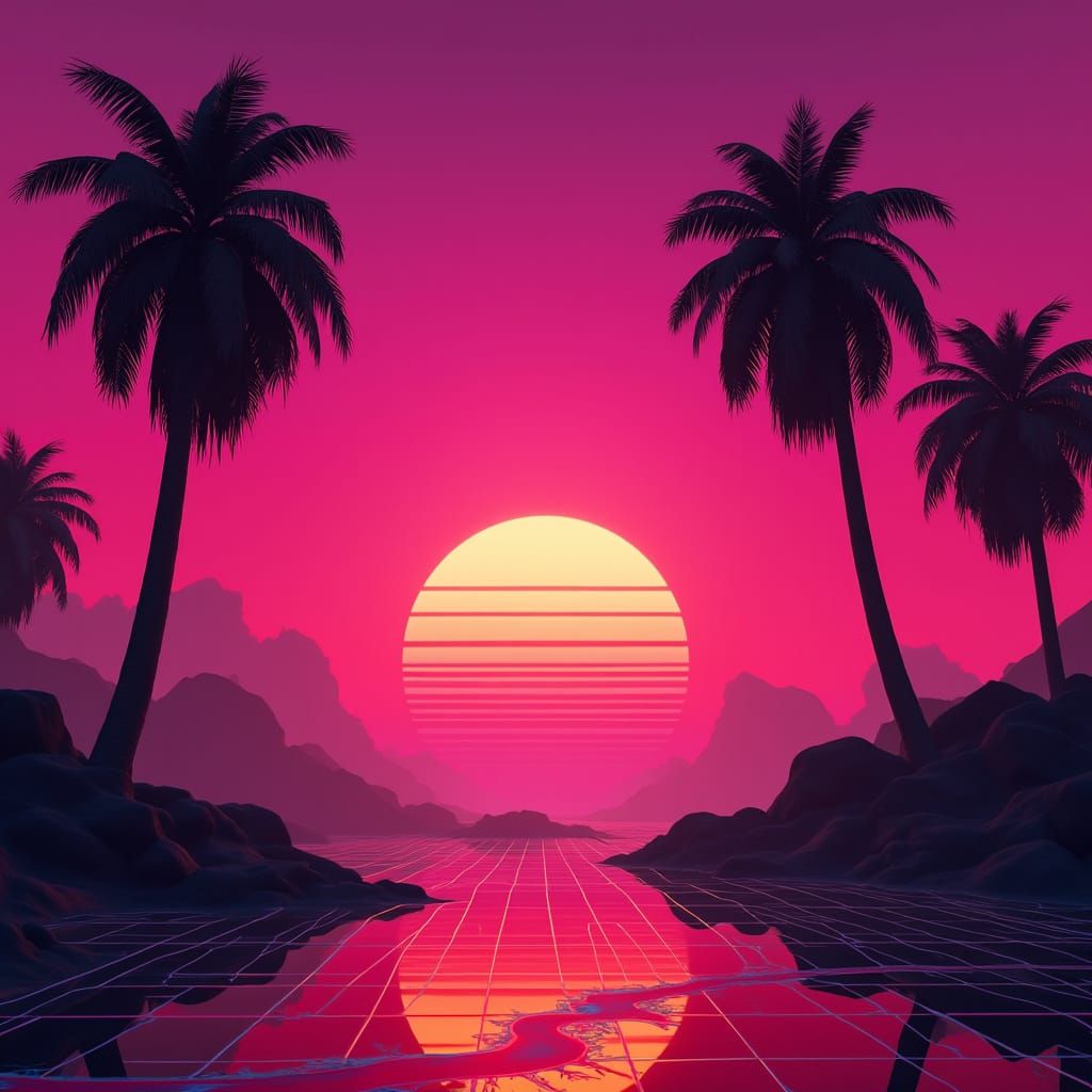Epic Cyberpunk Sunset with Palm Trees in Bold Silhouette Sty...