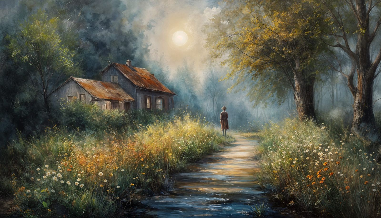 Impressionist Oil Painting of Figure in Wildflower Field