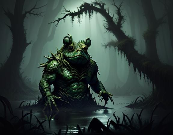 Bullywug Emerges From Murky Swamp: Dark Fantasy Art