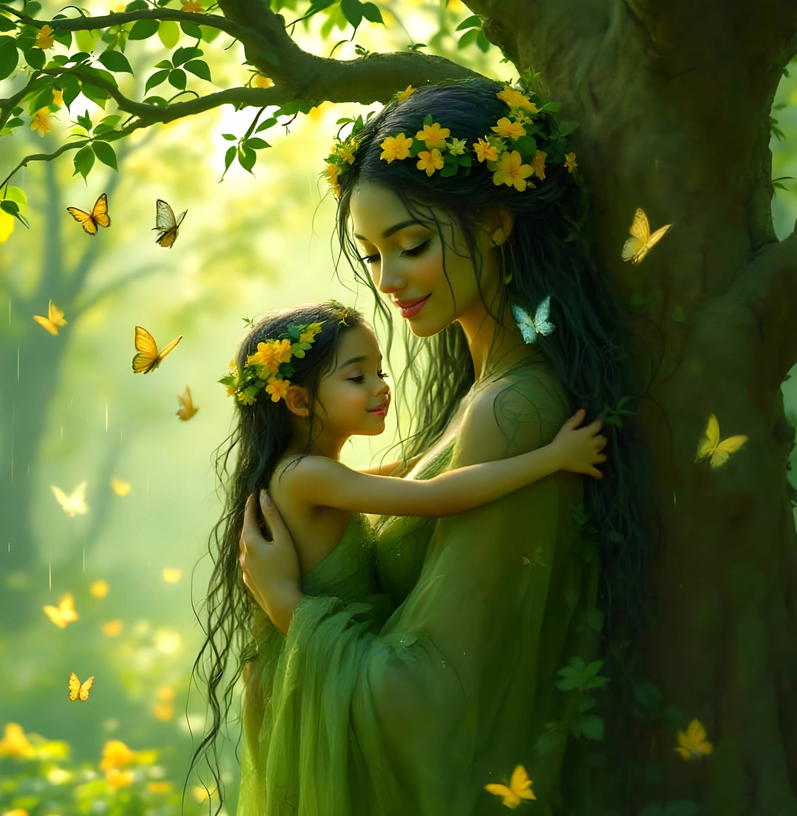 Ethereal Dryad Family Embraces Tree Home in Morning Mist