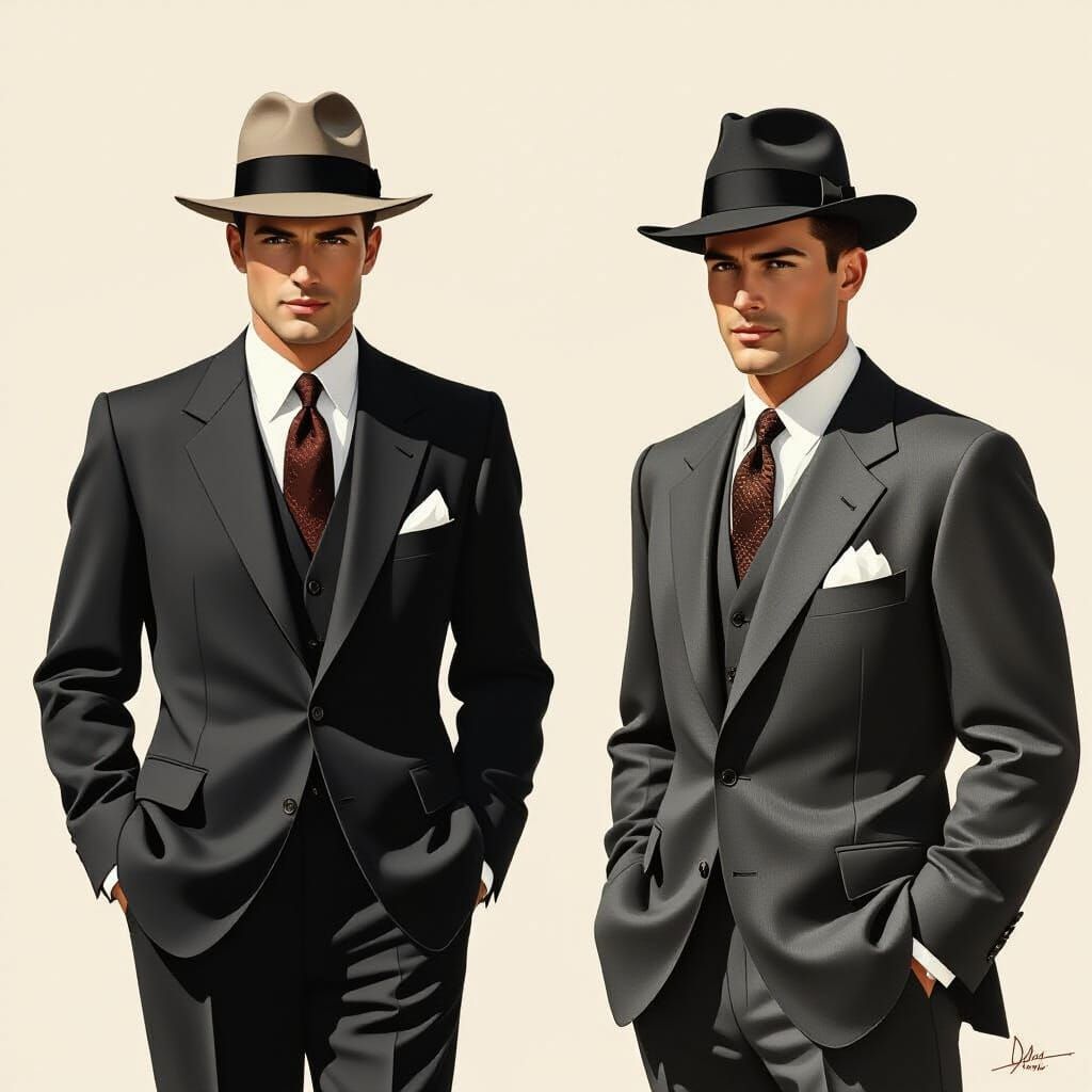 Stylish 1950s Gentlemen in Tailored Suits and Fedoras
