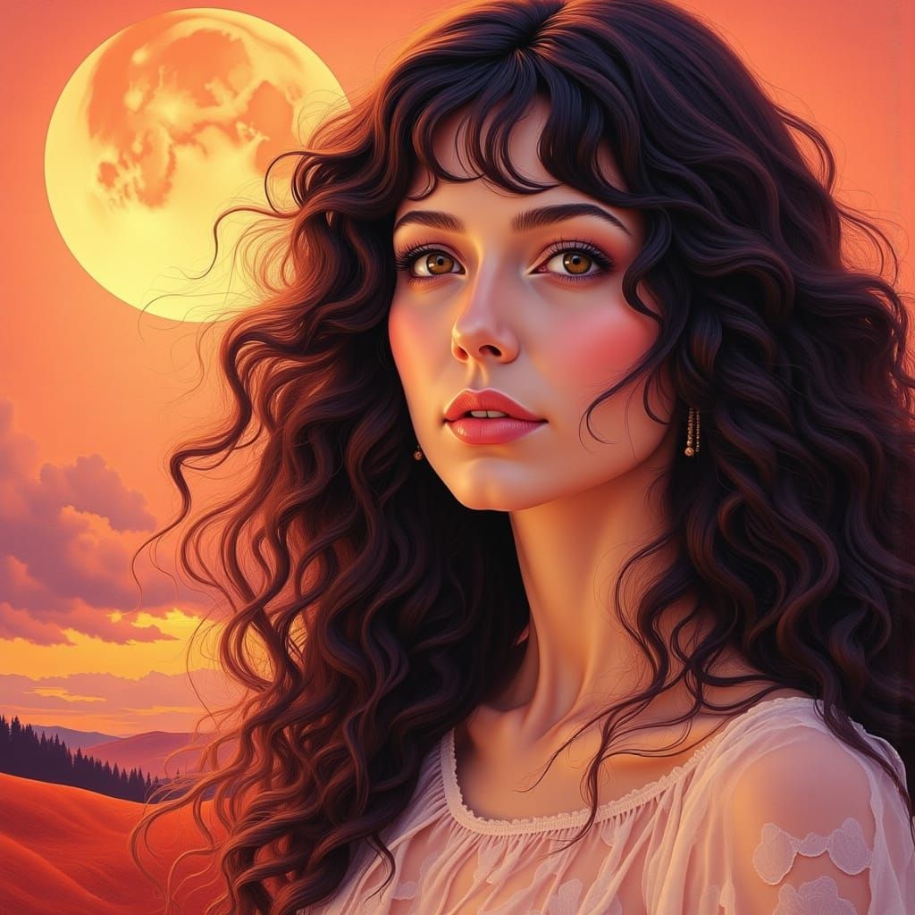 A woman with curly dark hair and hazel eyes stands in a vibr...