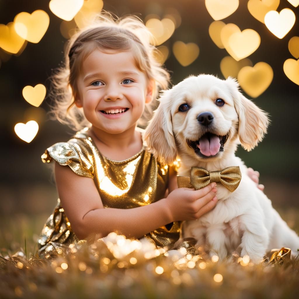 Girl and Puppy Surrounded by Gold Hearts