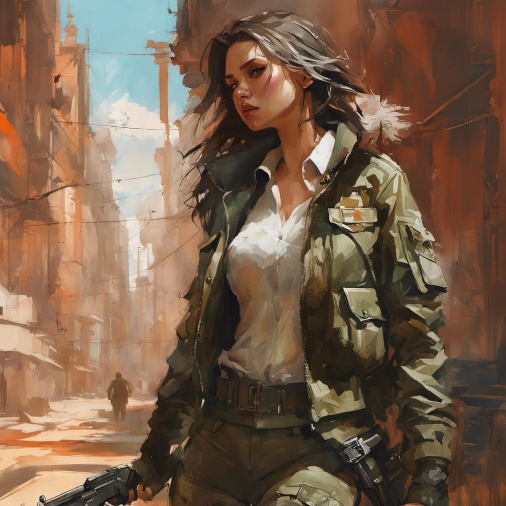 Beautiful Brunette in Combat Gear, Watercolor Style