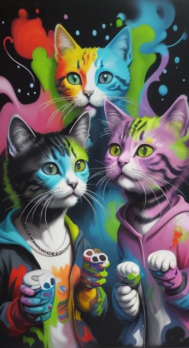 Cats Smoking Marijuana in Nature, Graffiti Art