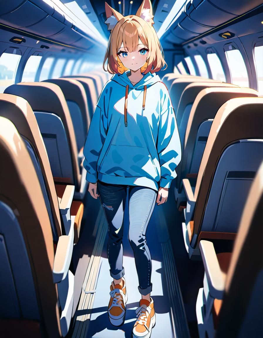 Fox-Eared Woman in Hoodie on Airplane