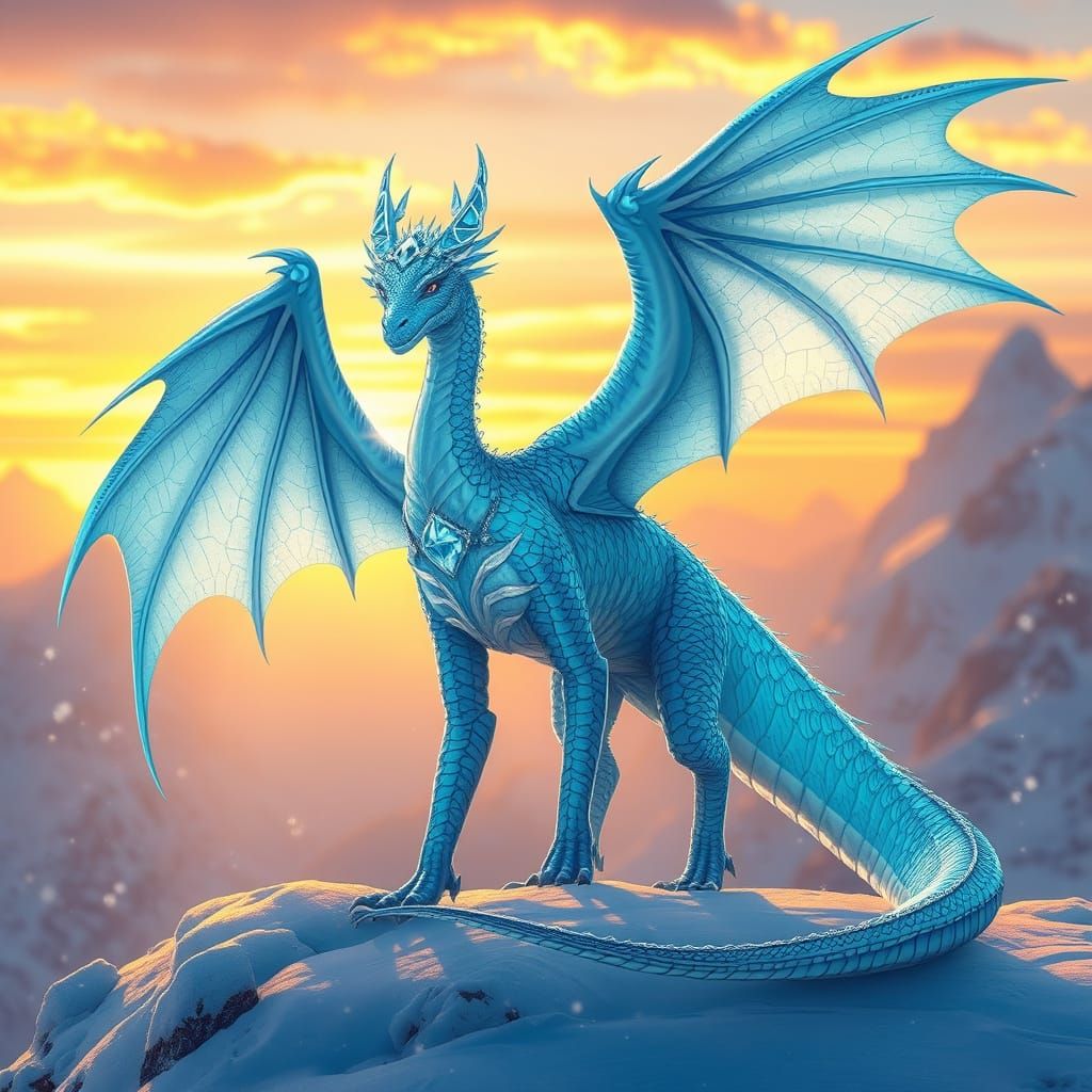 Regal IceWing Dragon with Diamond-Blue Scales in Sunset Glow