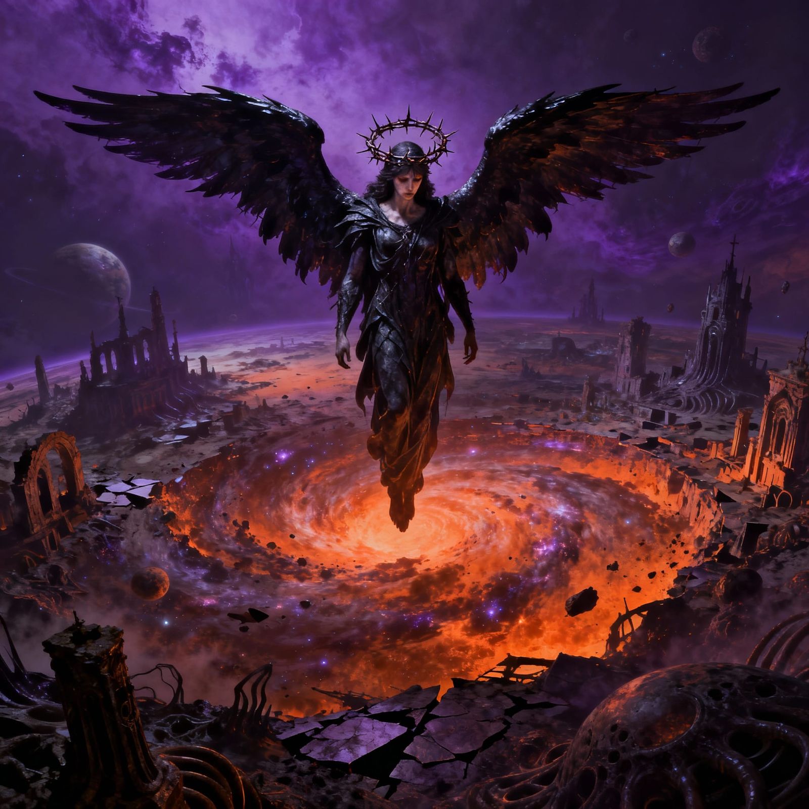 Archangel Descends on Alien World in Dark Fantasy Style