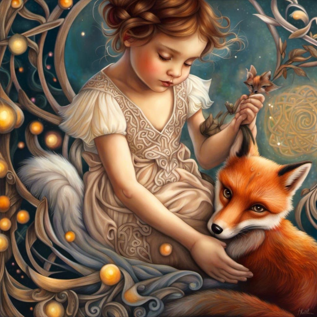 Toddler and Fox Celtic Knot Portrait in Dark Fantasy Art