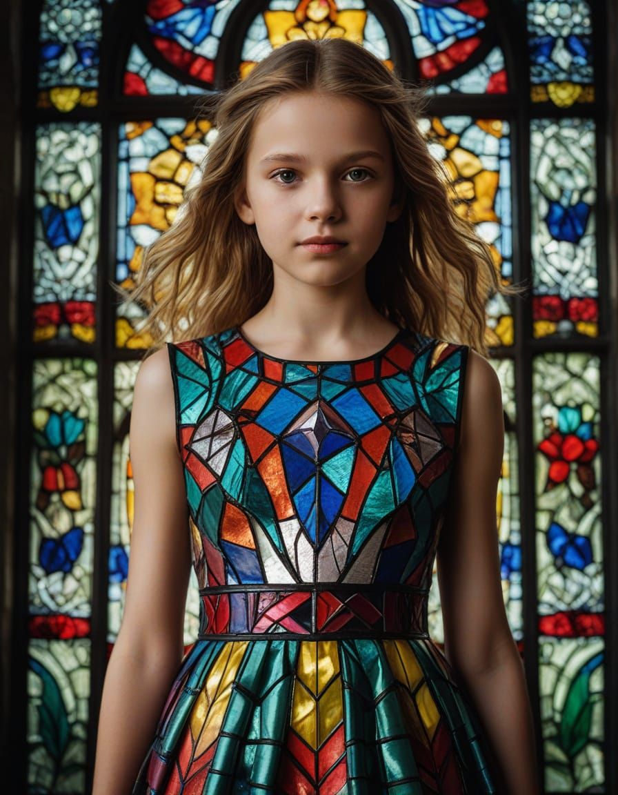 Photorealistic Geisha in Vibrant Stained Glass Dress