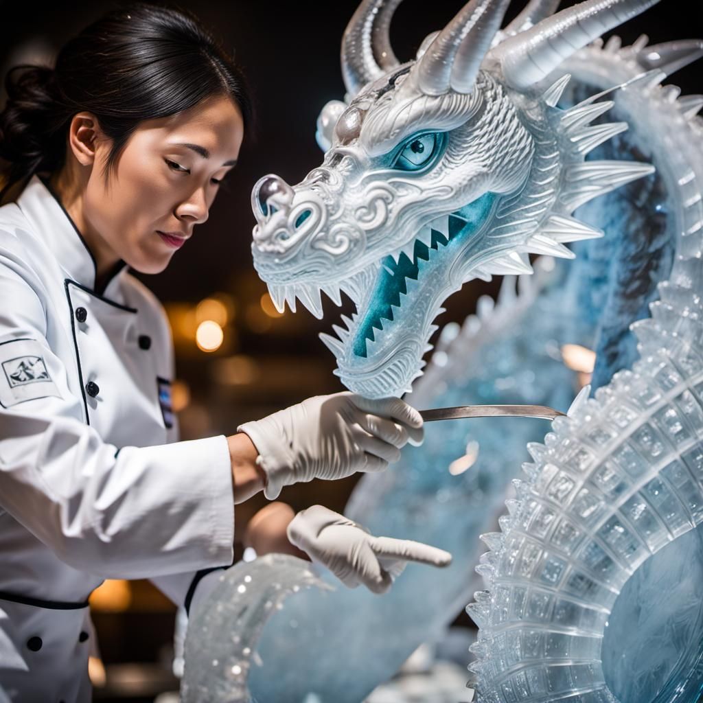 Chef Creates Dragon Ice Sculpture, Professional Photography