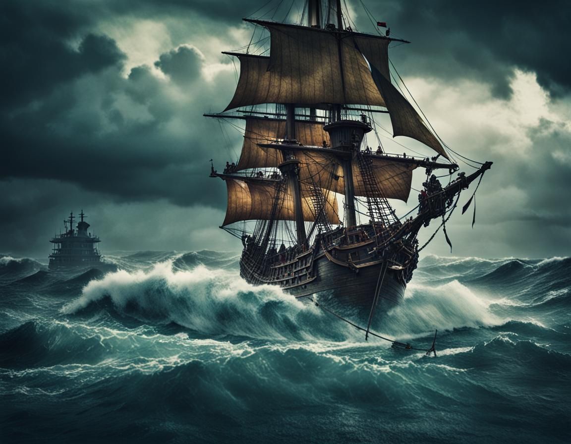 Pirate Ship Battles Stormy Ocean: Cinematic Still