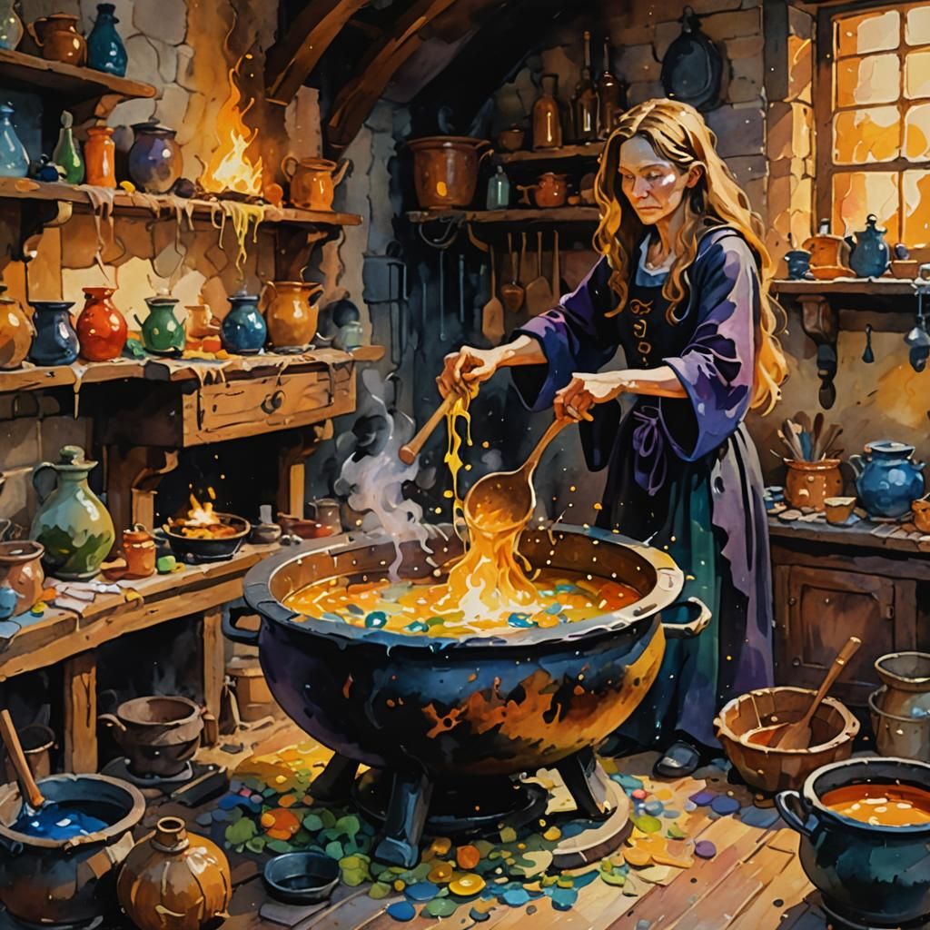 Impressionist Witch Brewing Potion with Impasto Textures