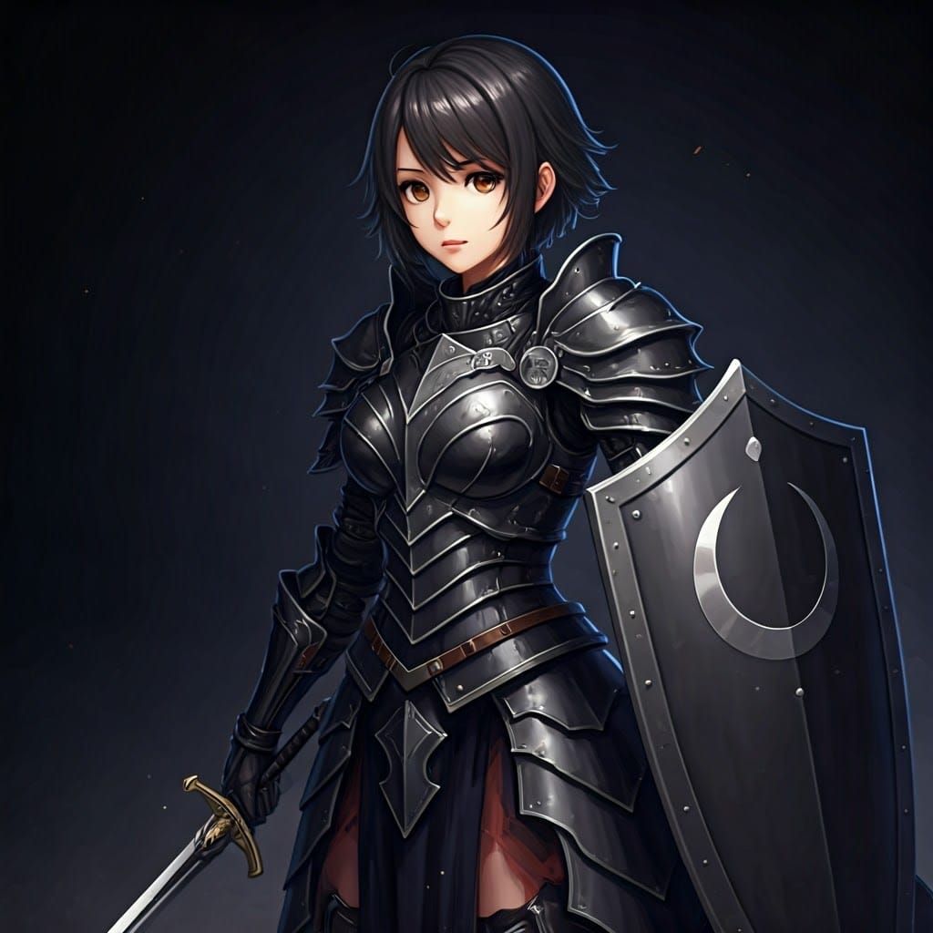 Anime Knight Woman with Moon Shield and Sword