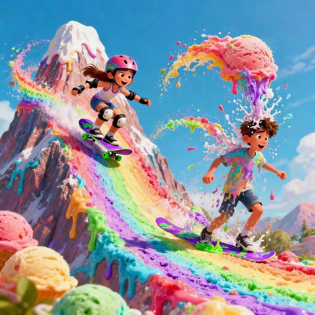Skateboarder Rides Mountain of Rainbow Sherbet Ice Cream