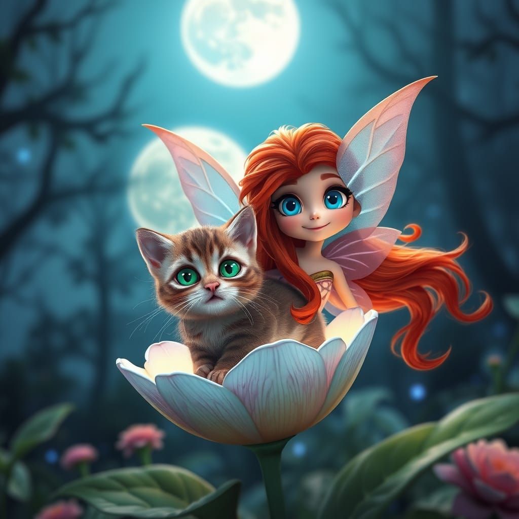 Whimsical Fairy Rides a Glowing Kitten Under a Full Moon