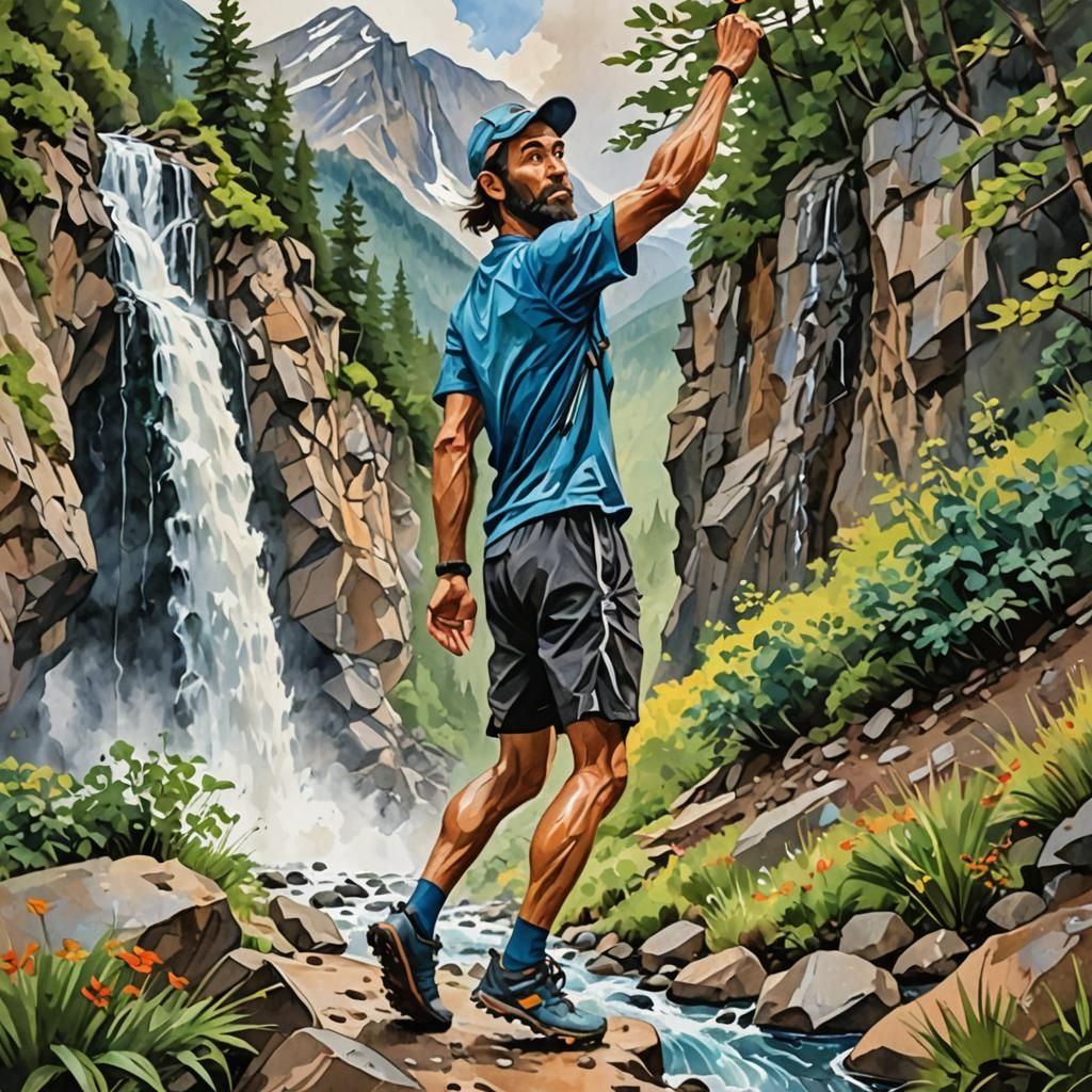Trail Runner With Waterfall: Gouache Impressionist Style