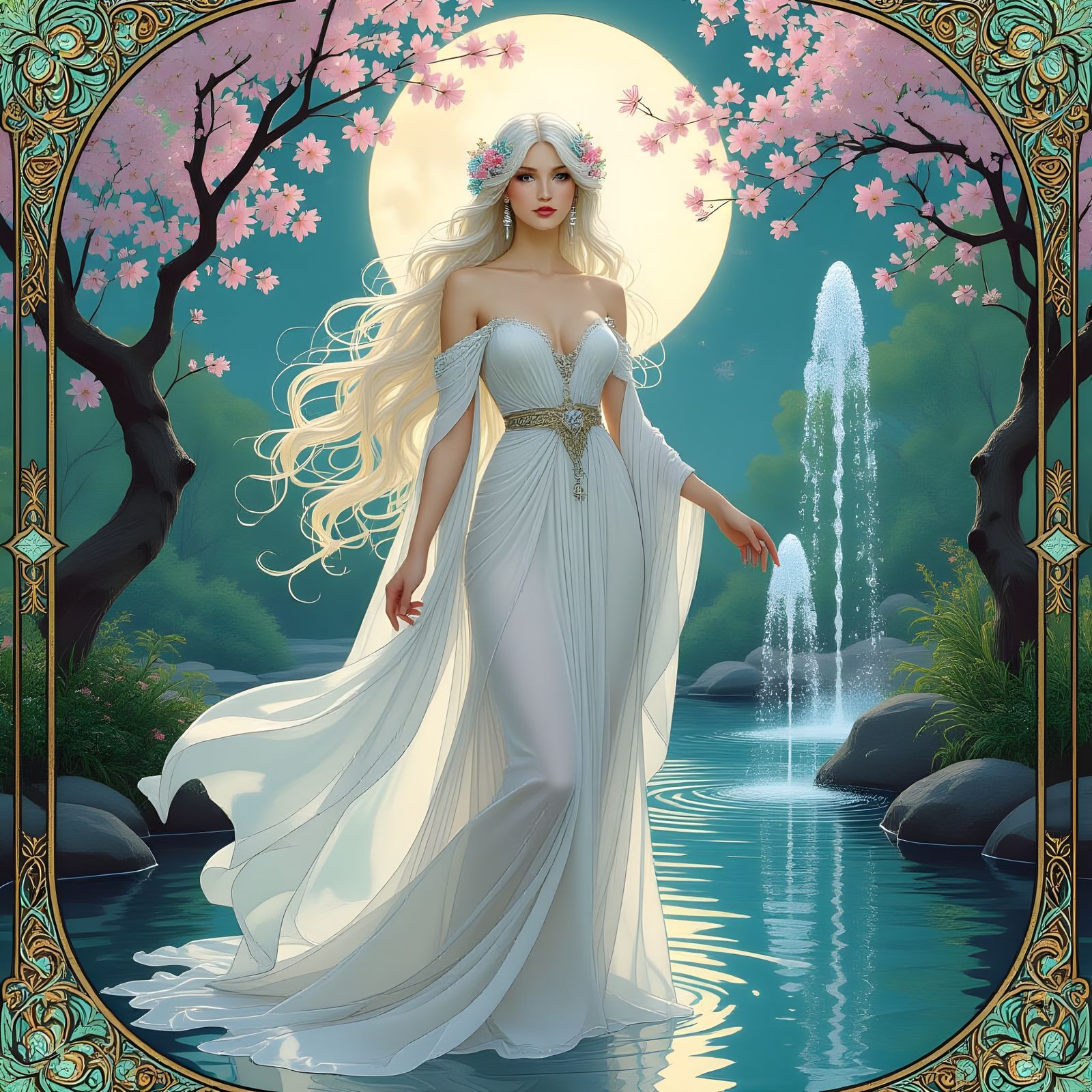 Ethereal Goddess in Moonlit Garden, Art Nouveau Style