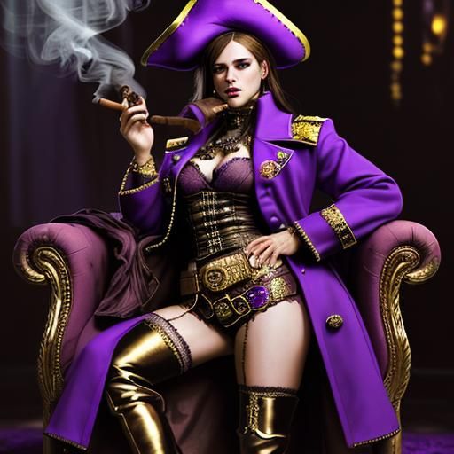 Woman in Purple Pirate Coat Smoking Cigar