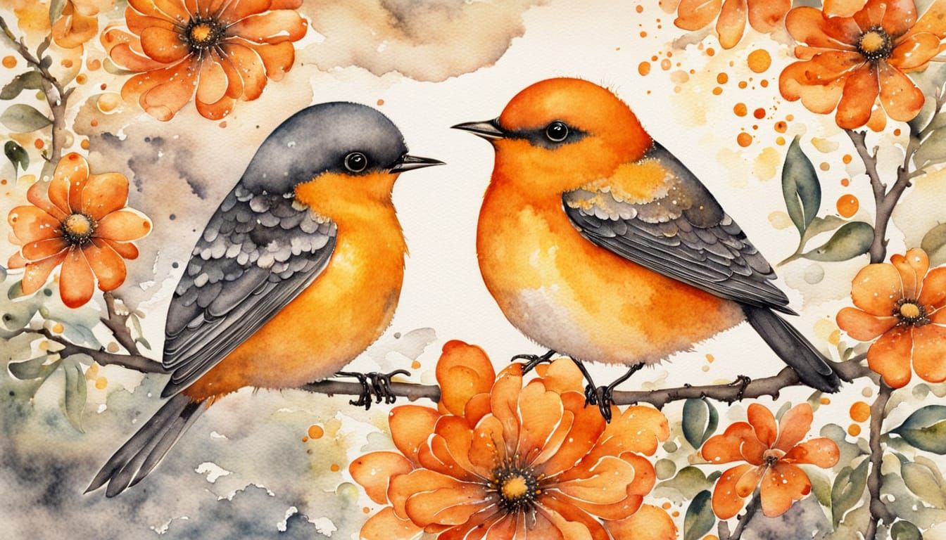 Orange Finch in Watercolor Style by Pousette-Dart