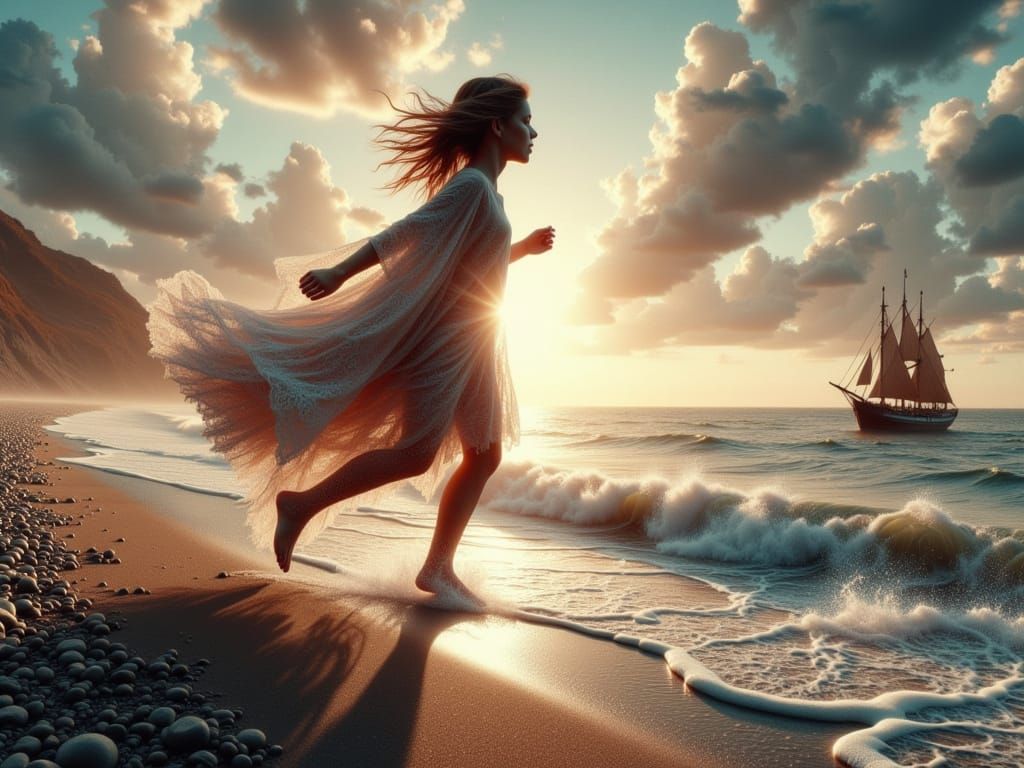 Ethereal Shoreline at Dawn: A Dreamlike Encounter