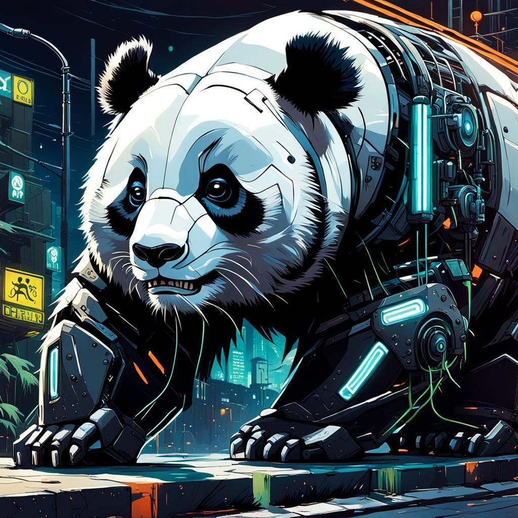 Cyberpunk Panda Stalks Neon Streets: Graffiti Art