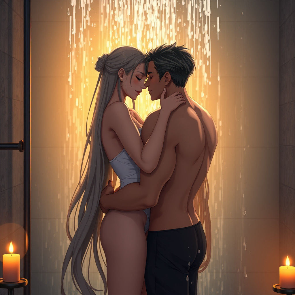 Romantic Couple Embrace in Candlelit Shower, Anime Style