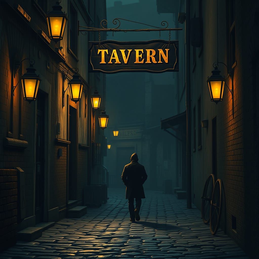 Dimly Lit Alleyway with Rustic Tavern, Gaslight Glow