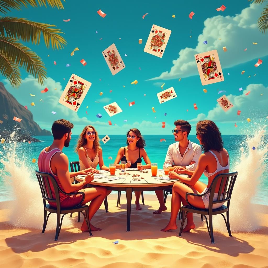 Friends Playing Cards on Beach in Pop Art Style