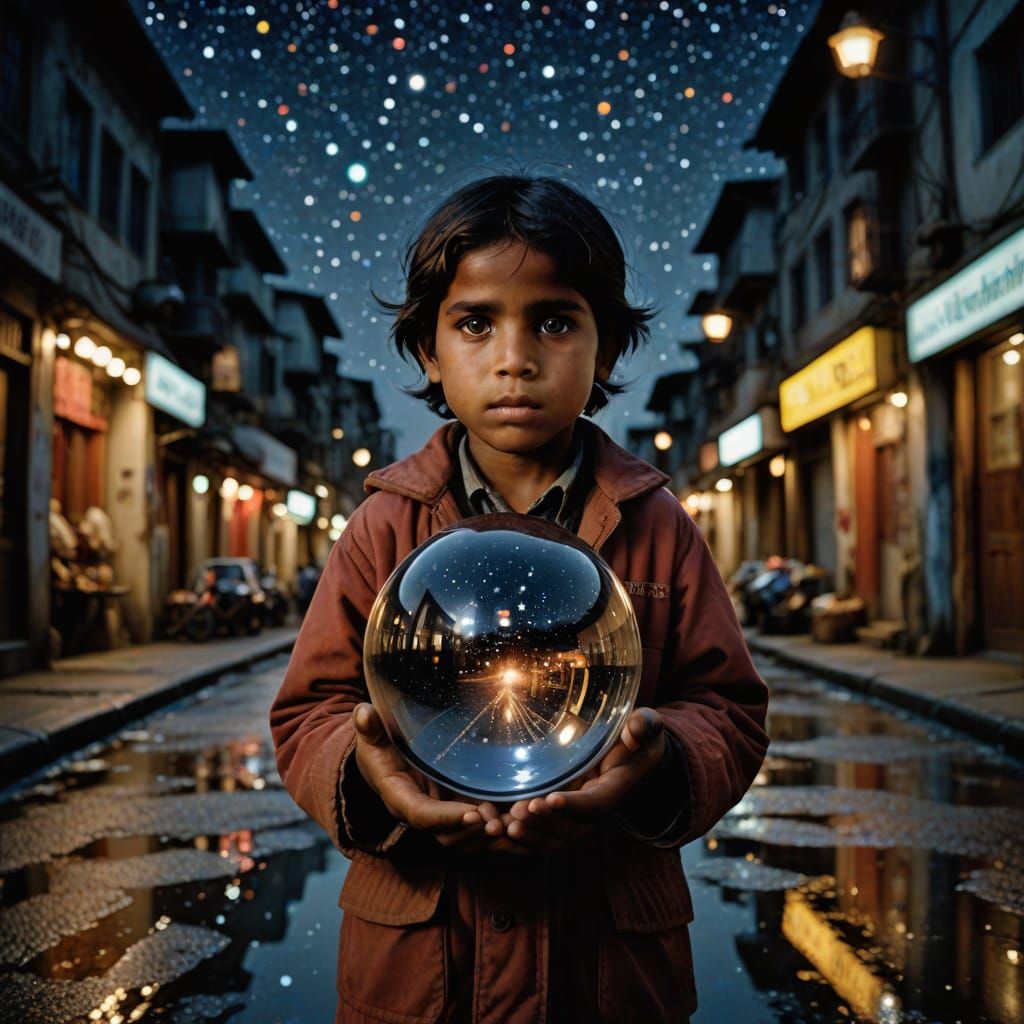 Child with Galaxy Sphere: Realistic Portrait