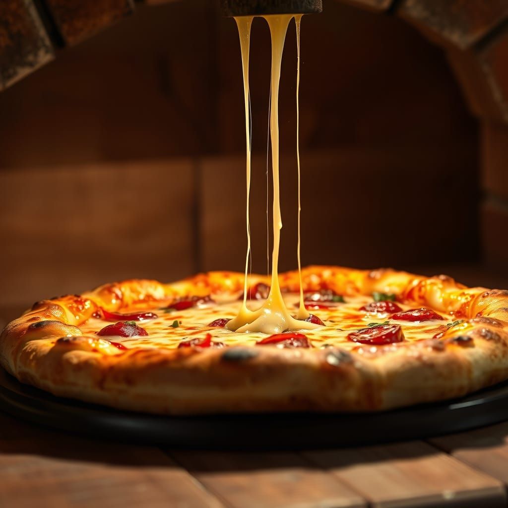 Golden Brown Pizza, Melted Mozzarella and Olive Oil, Brick O...