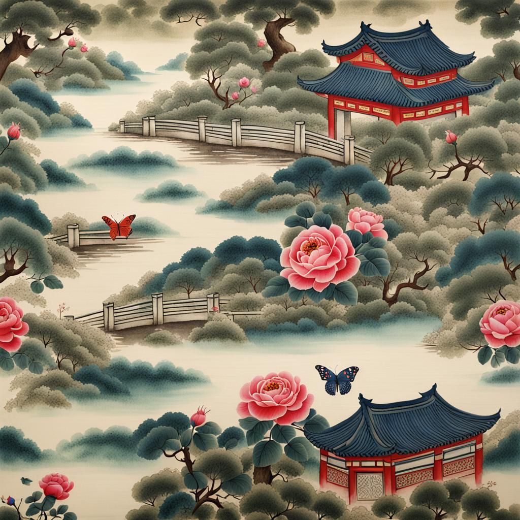 Korean and Chinese Fusion Garden Scene