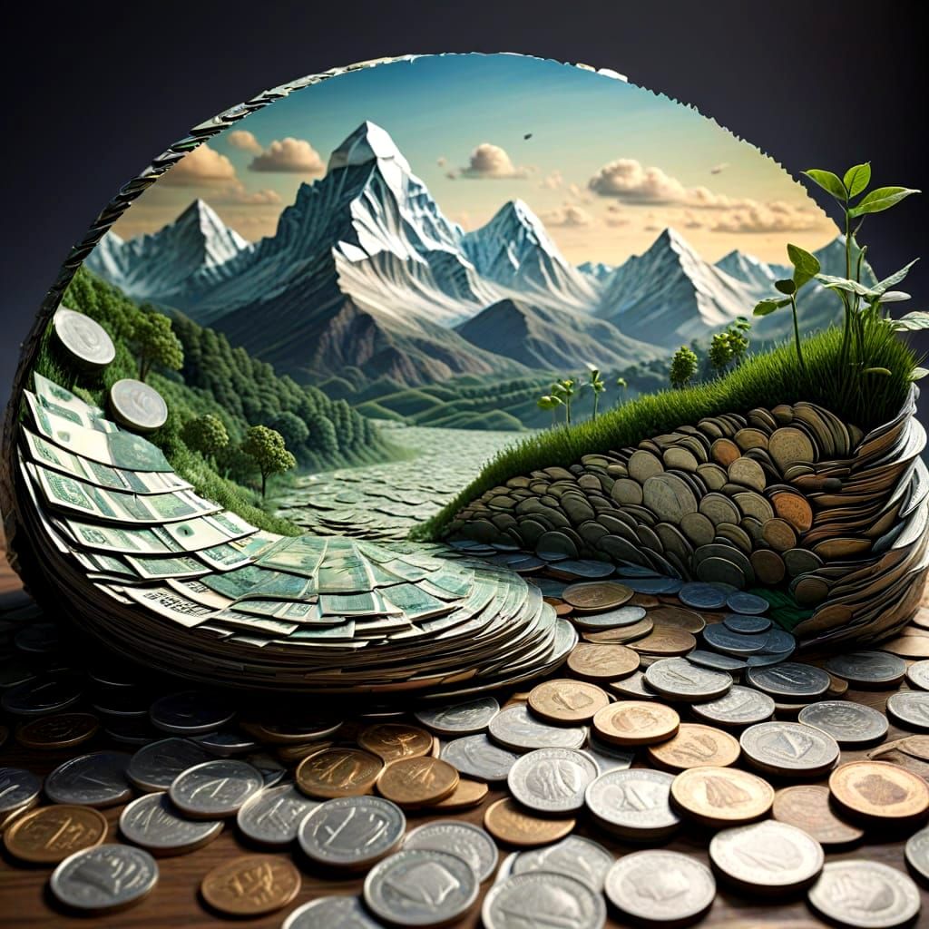 Surreal Landscape of Coins and Money Bills