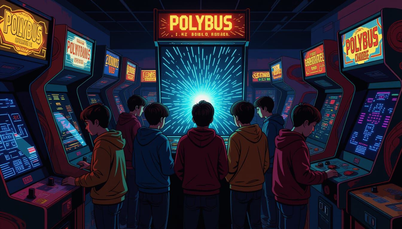 Crowded Arcade with Fictional Polybius Game Cabinet