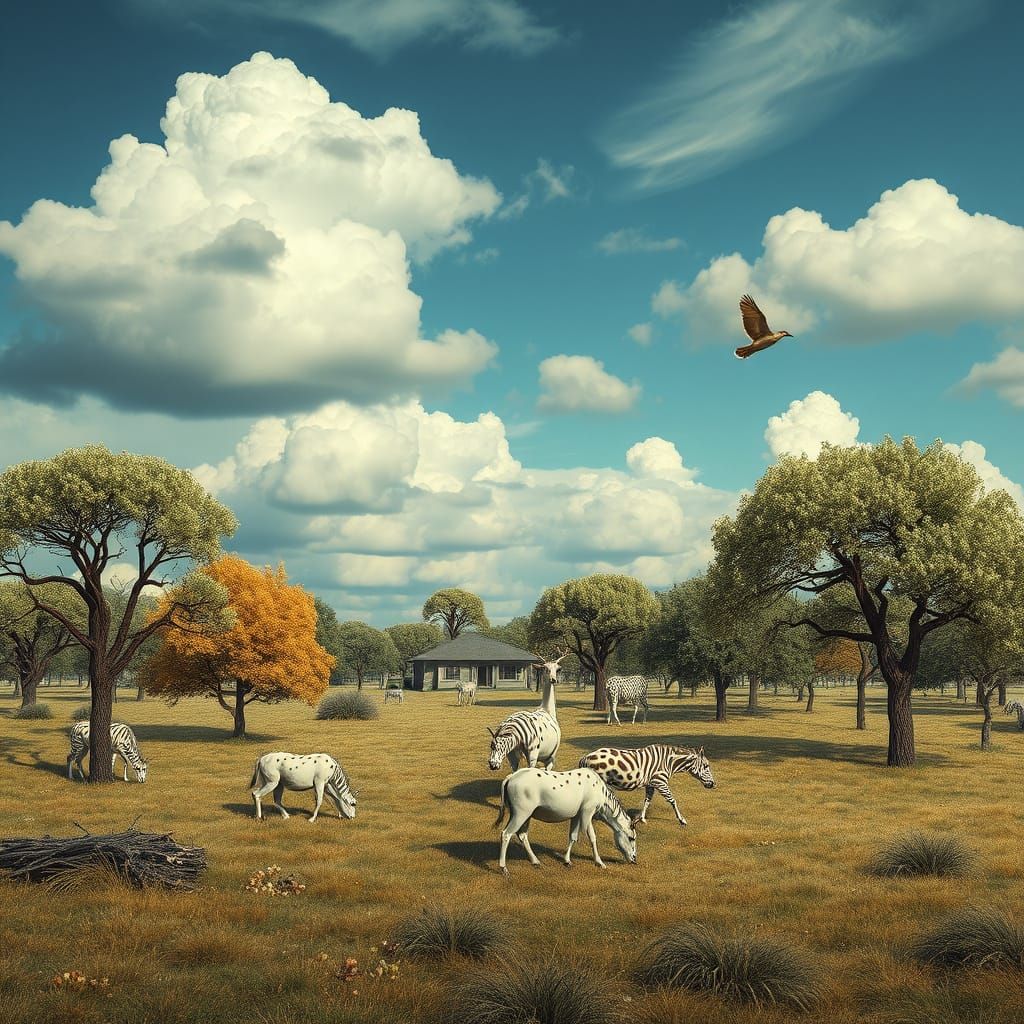 Surreal Spotted World: Trees, Clouds, and Animals Covered in...