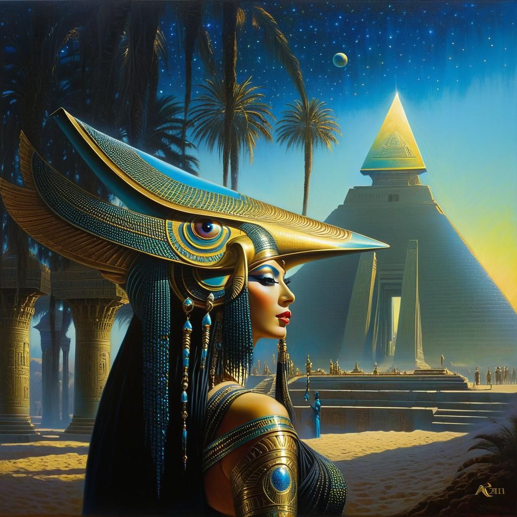 Surreal Alien in Egyptian Temple, Oil Pointillism