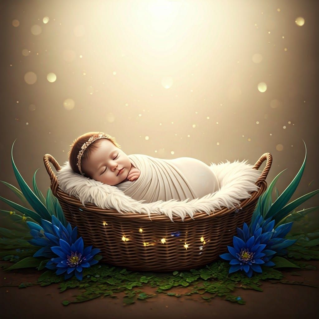 Serene Baby in Wicker Basket: Fantasy Concept Art