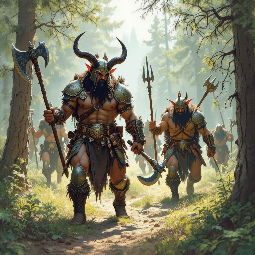 Armored Satyr Warriors Hunting in Evergreen Forest