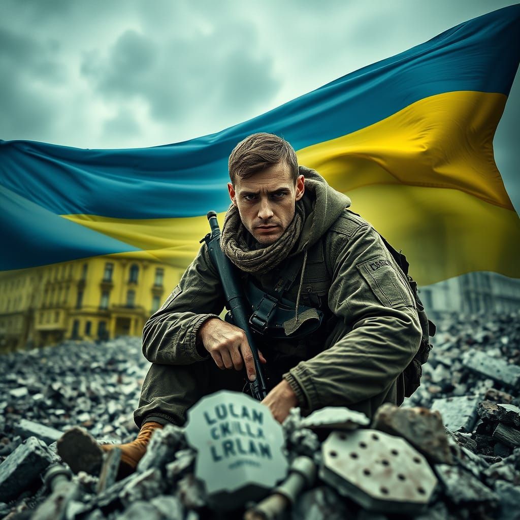 Gritty Realism Portrait of Ukrainian Soldier in Devastated C...