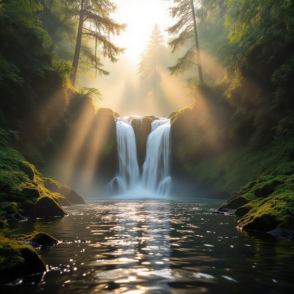 Hidden Waterfall in Golden Morning Light