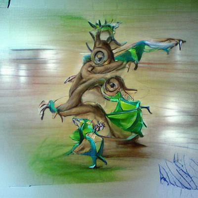 Psychedelic Drawing: Dancing Mushrooms, Tree, Elves
