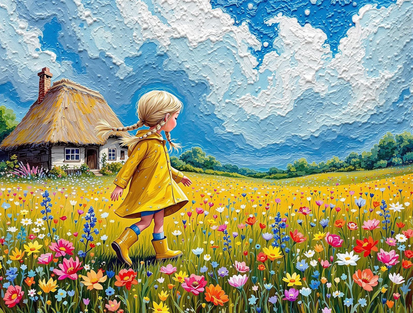 Girl in Meadow: Acrylic Impasto Textured Painting