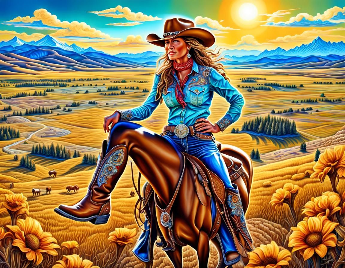 Alluring Cowgirl in Montana Rodeo: Hyperdetailed Airbrush Ar...