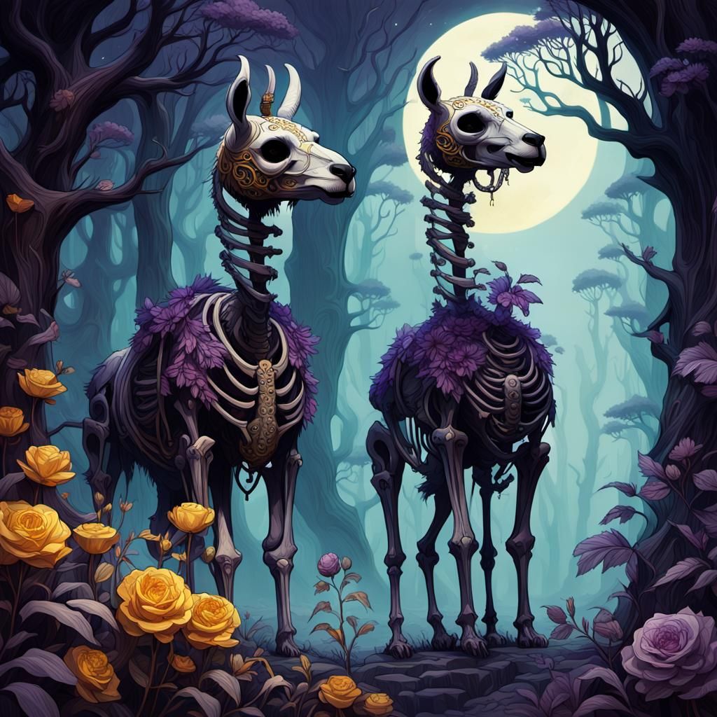 Majestic Skeleton Llamas in Ancient Forest Glory