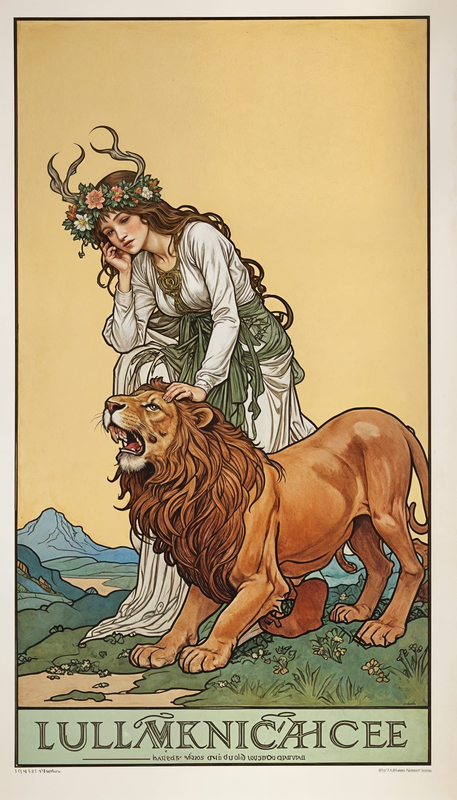 Serene Goddess Tames the Lion in a Vibrant, Mystical Landsca...