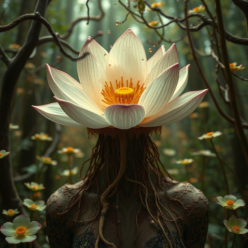 Lotus-Human Hybrid in Mycelium Network: Fashion Magazine Art