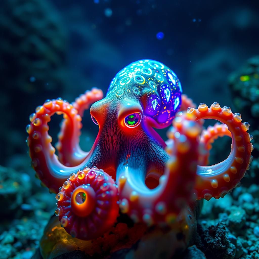 Underwater Octopus with Luminous Gemstones and Ammonite